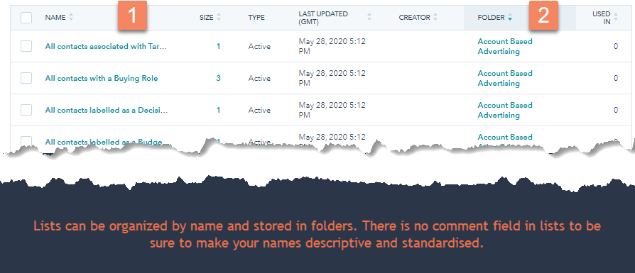 Organise Hubspot lists by name and folder - Shows new auto generated list for Hubspot 2020 ABM features | https://www.aboutinbound.com/blog/how-to-do-account-based-marketing-abm-in-hubspot-in-2020