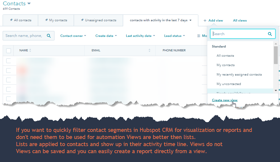 use Hubspot CRM contact views for visualisation and reporting