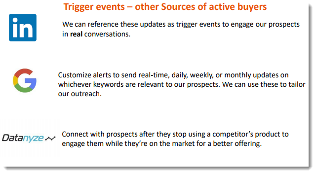 Inboud sales tools - Use trigger events tools like linked-in Google Alerts or datanyze to identify other sources of active buyers