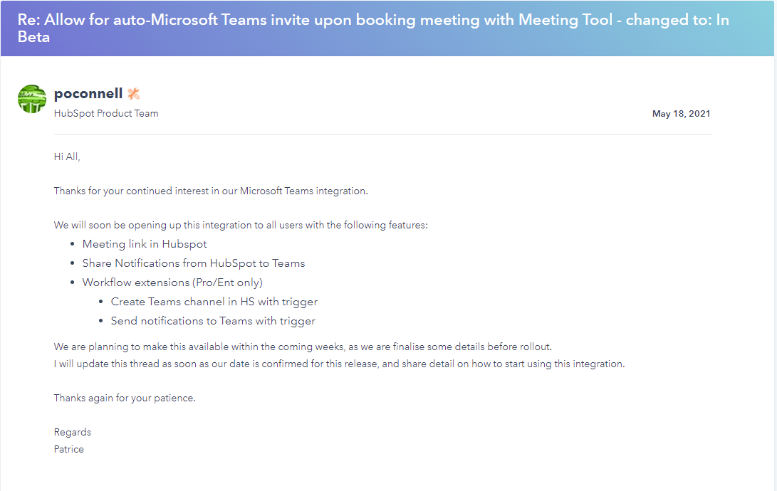 Screenshot of last update about Teams metings with Hubspot meeting scheduler integration on Hubspot community2021-09